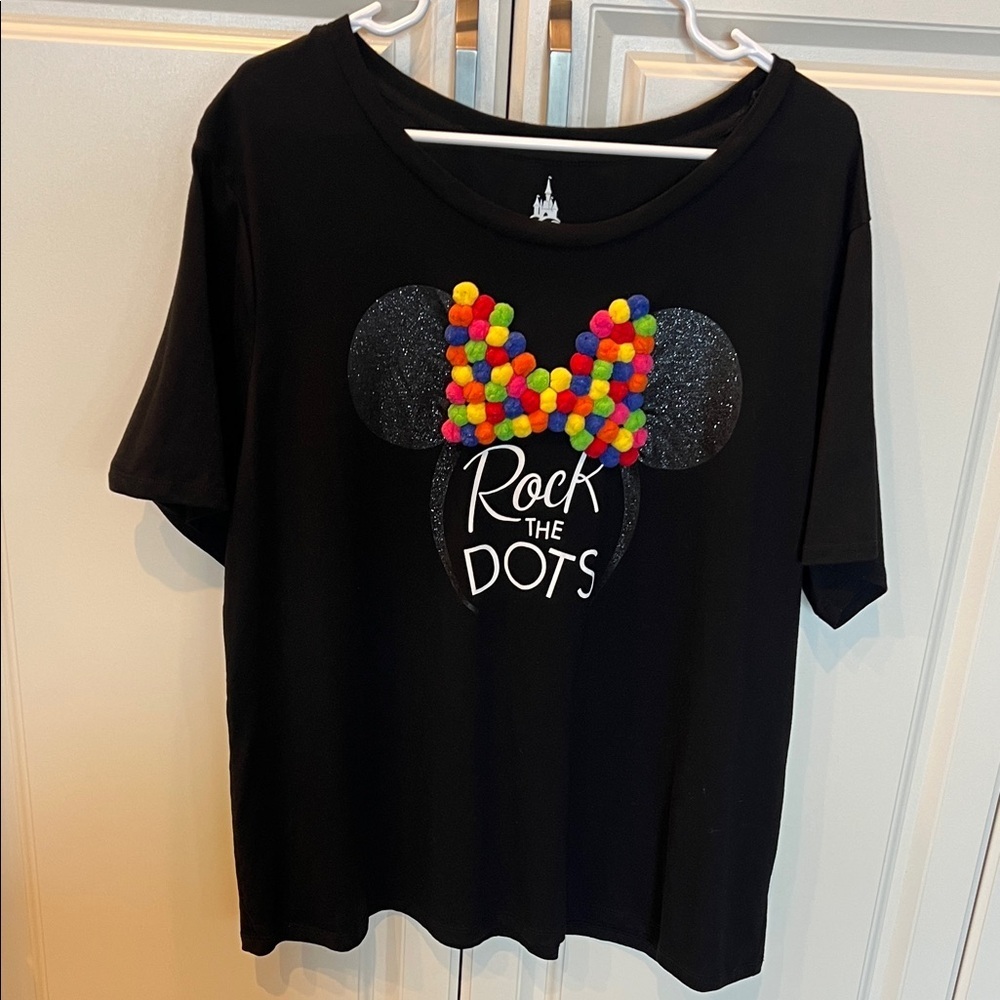 Disney Woman's Black Tee with Colorful Pom-Pom Bow
Size 2X